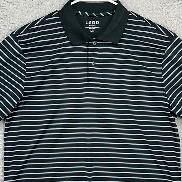 Izod Golf Polo Shirt Mens Large Black Stripe Performance Rugby Short Sleeve Logo - Picture 1 of 9